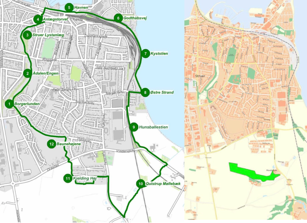 På billedet til højre ses Struers Folkeskovs placering i forhold til kommunens "Grønne Ring", der ses på billedet til venstre. Foto: Struer Kommune og Struers Folkeskov.